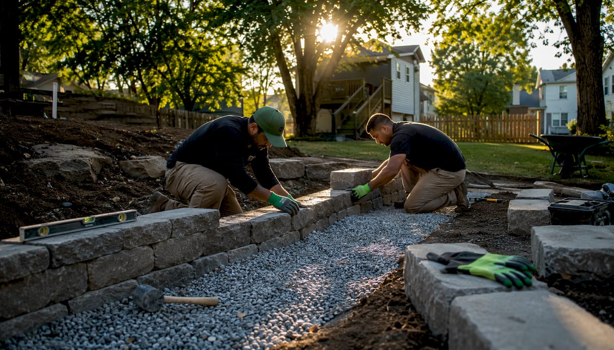 Close-up of hands placing retaining wall blocks