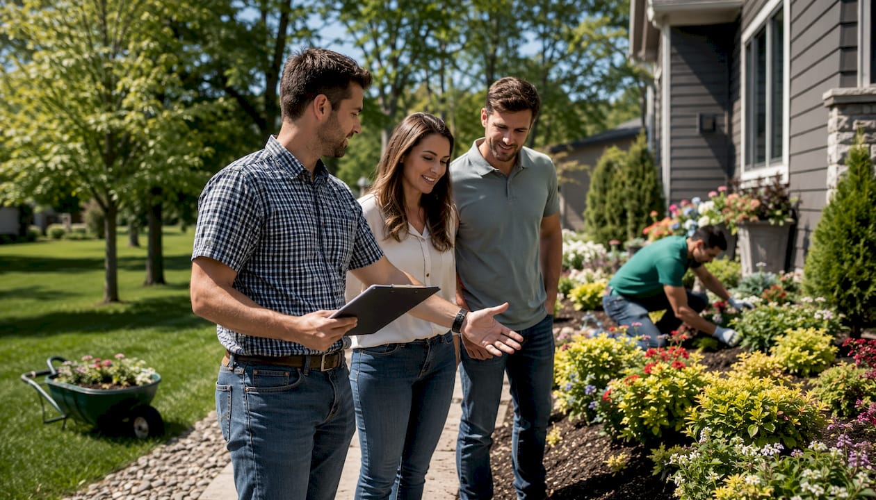 Couple discussing landscaping with contractor outdoors