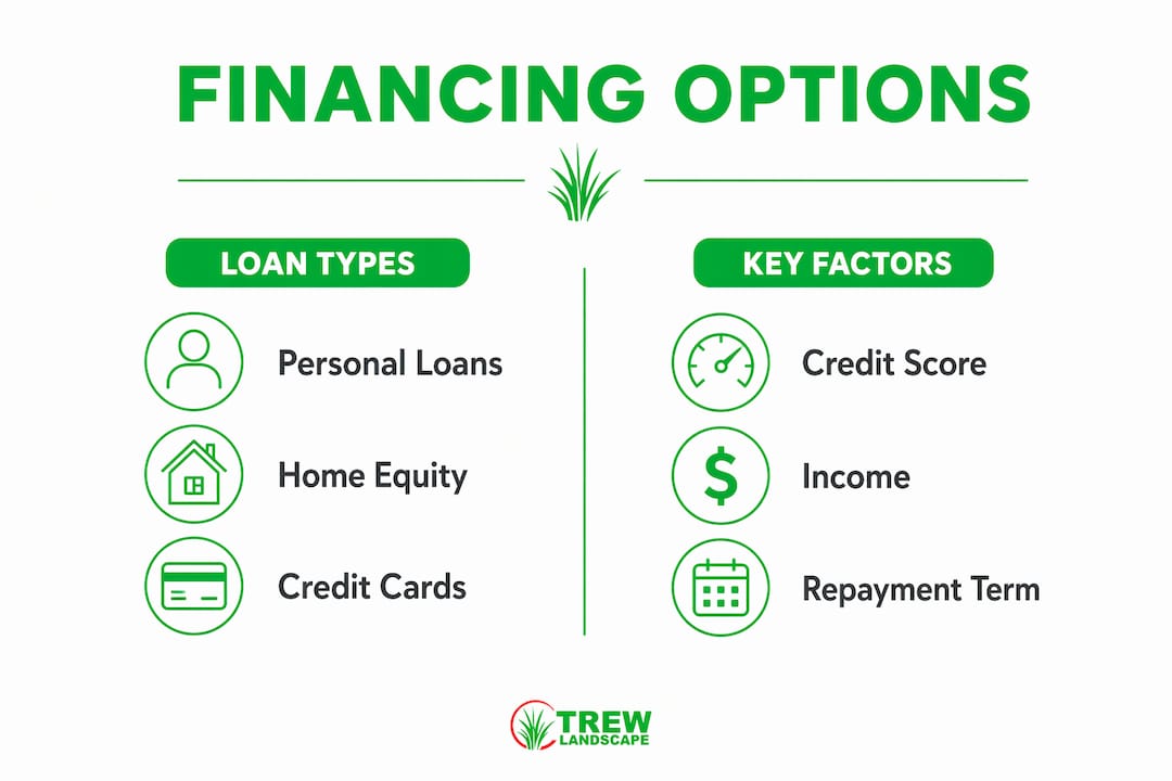 Infographic comparing loan types and key factors for landscaping financing