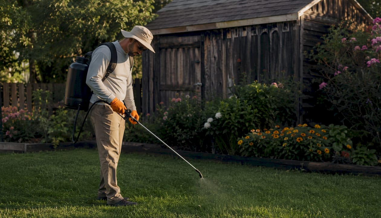 Hands applying herbicide to lawn weeds