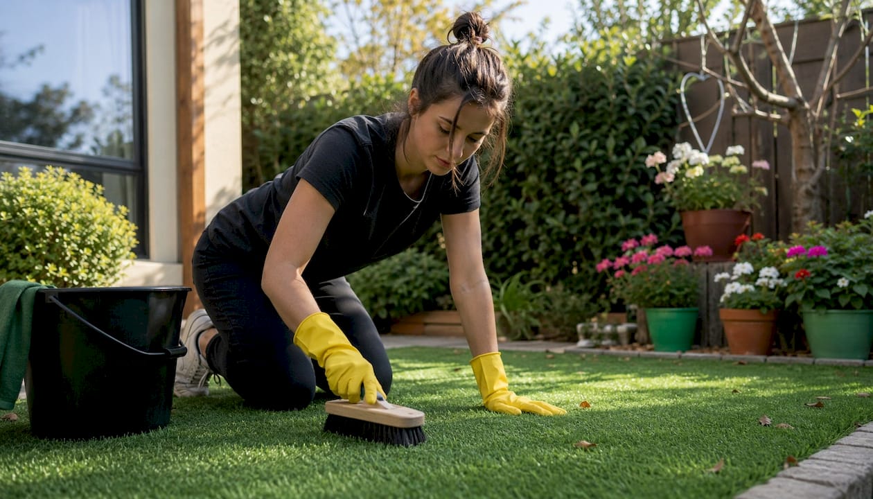 Hands cleaning artificial grass with hose