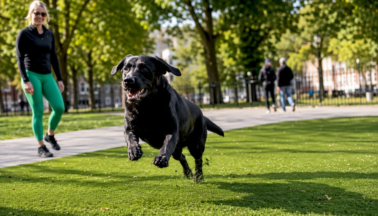 Active dog running on durable artificial turf