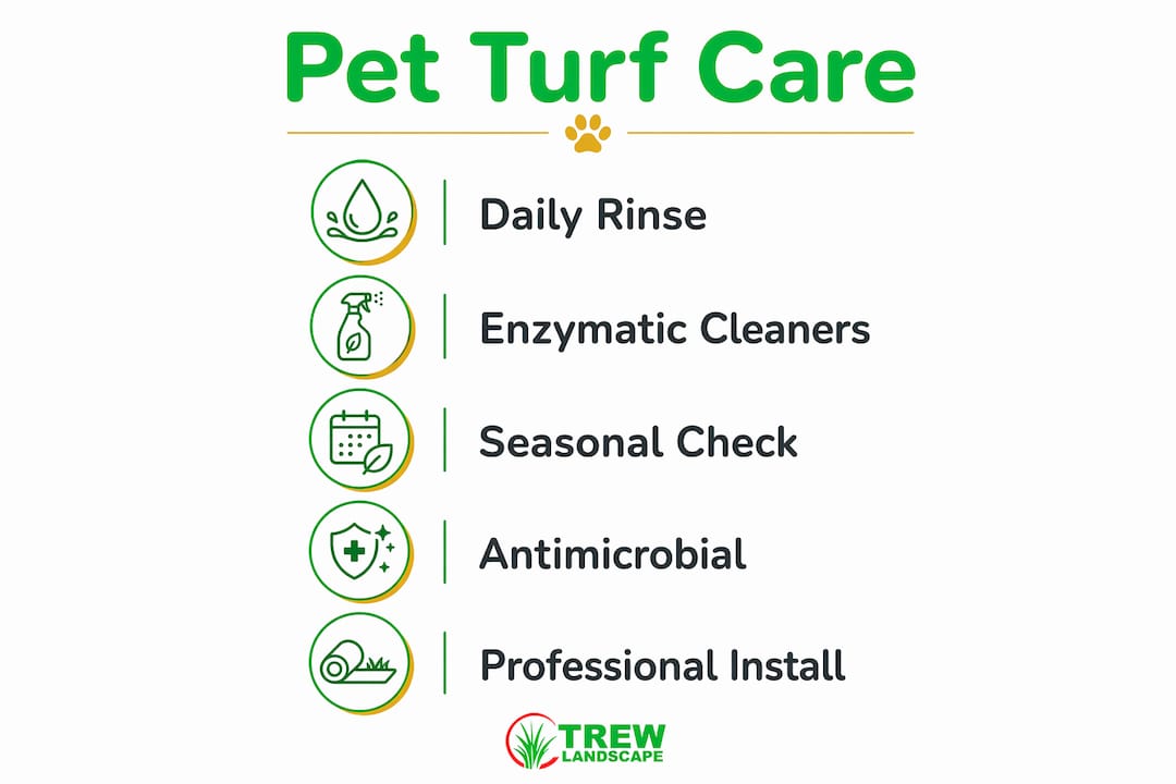 Infographic showing artificial grass care steps for dogs