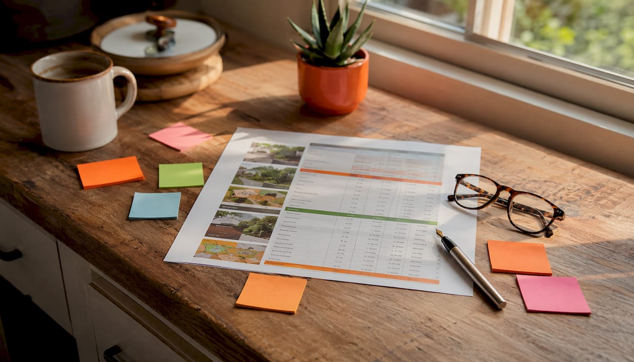 Cost breakdown chart on desk with notes