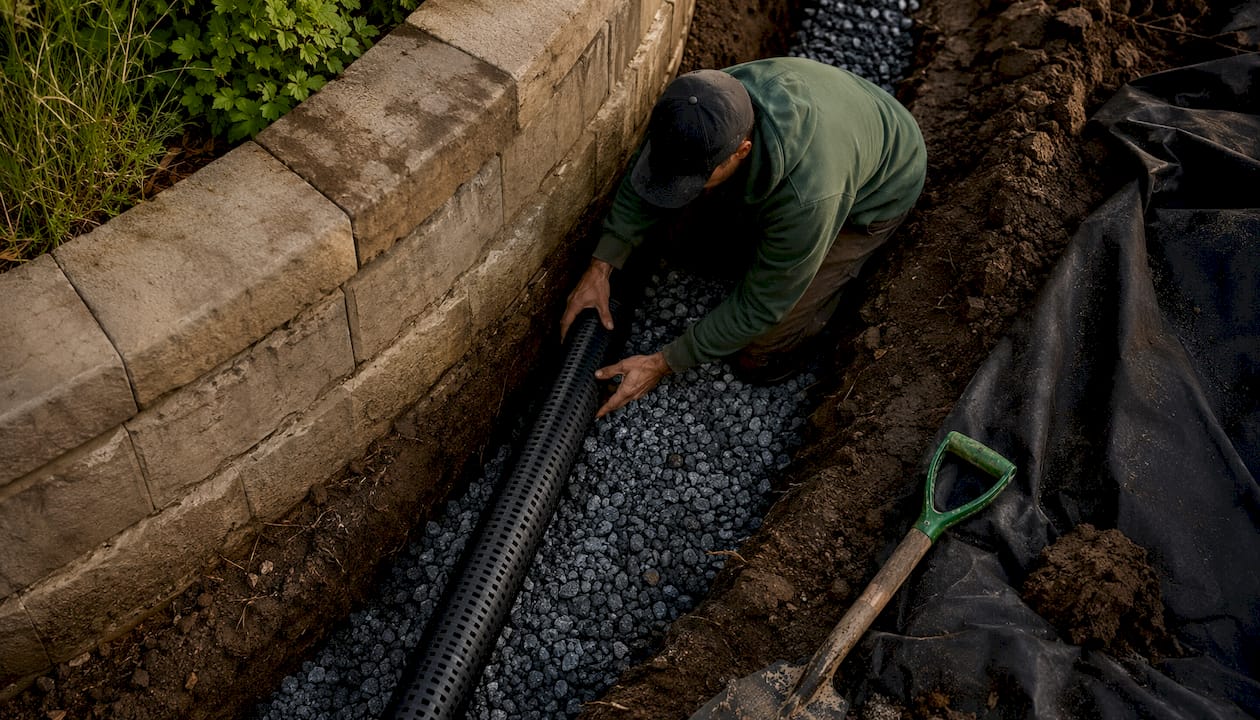 Hands installing drainage pipe near retaining wall