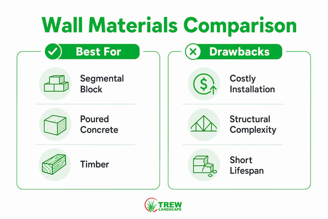 Infographic comparing retaining wall materials and drawbacks