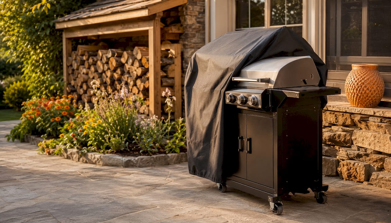 Freestanding grill with cover on small patio
