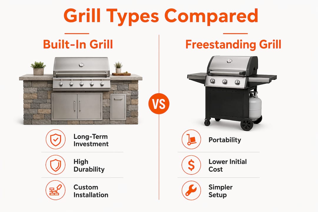 Comparison infographic of built-in vs freestanding grills