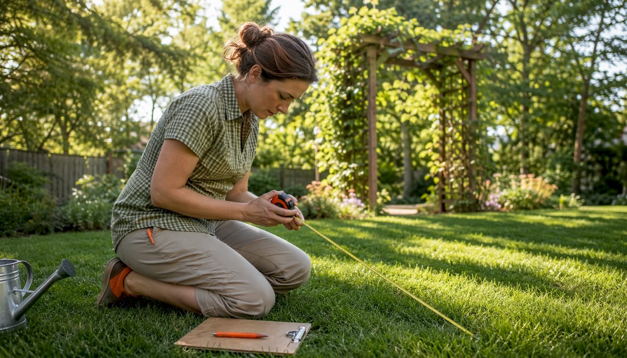 Woman measuring lawn size for aeration cost estimate