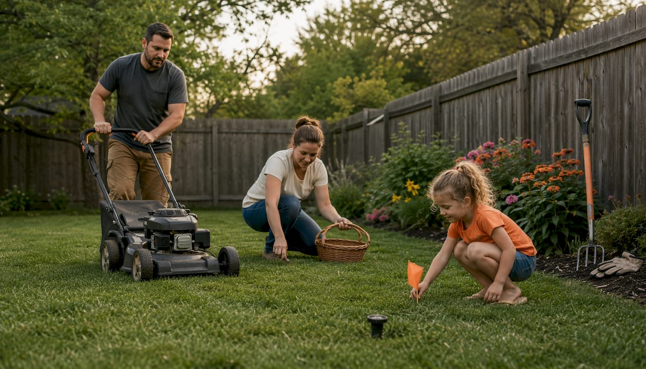 Family preparing lawn for aeration service day
