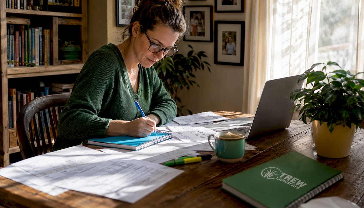 Woman reviewing deck cost estimates at table