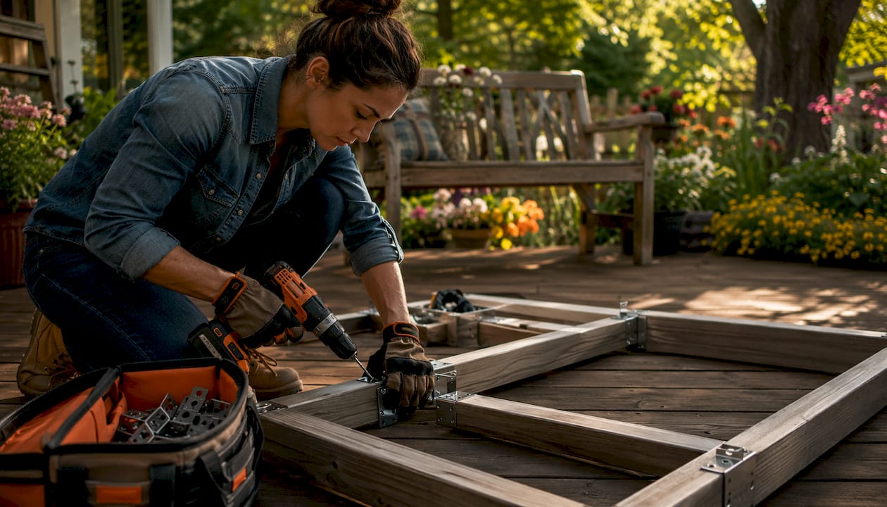 Hands assembling modular kitchen frame outdoors