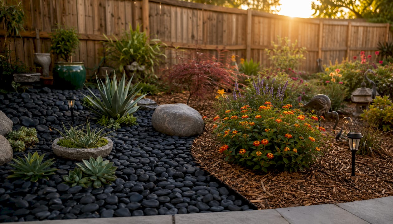 Overhead garden showing rock and mulch landscaping split