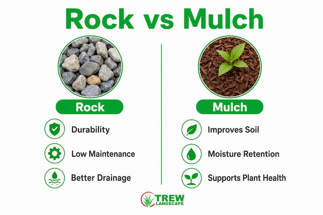 Infographic comparing rock and mulch landscaping benefits