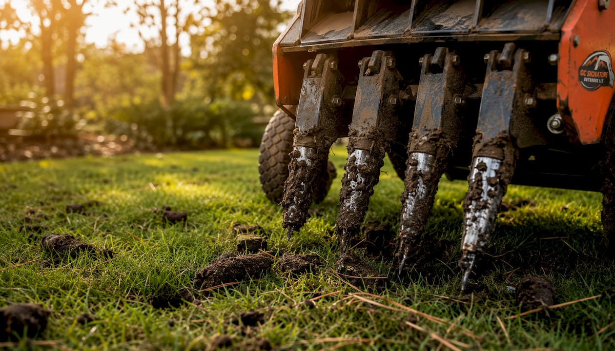 Close-up of hollow core aerator tines in lawn soil