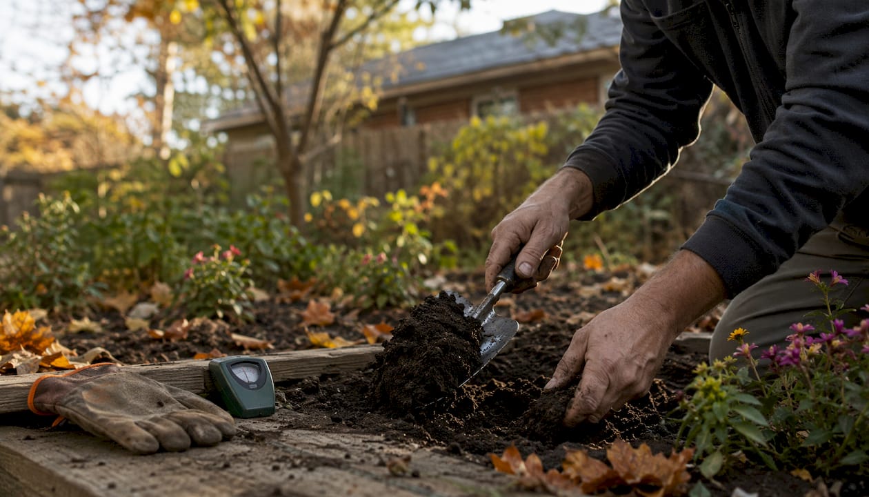 Hands checking soil moisture with screwdriver in lawn