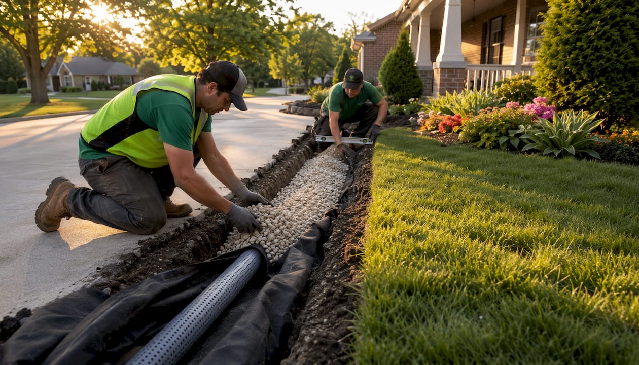 Installing French drain pipe in yard trench