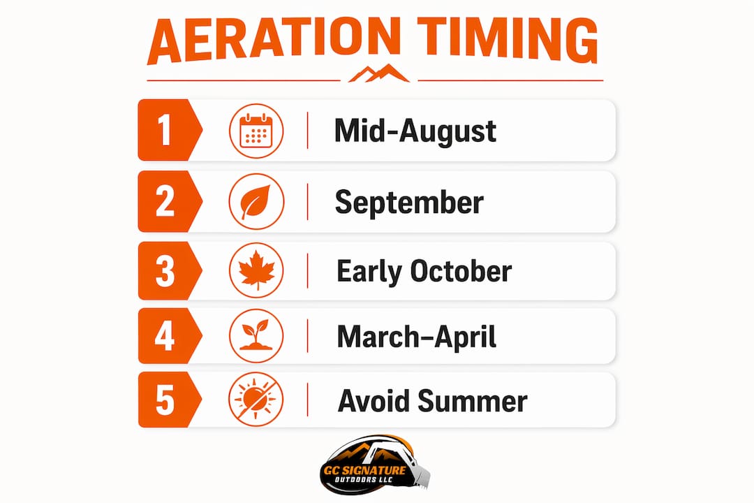 Infographic showing lawn aeration timing steps