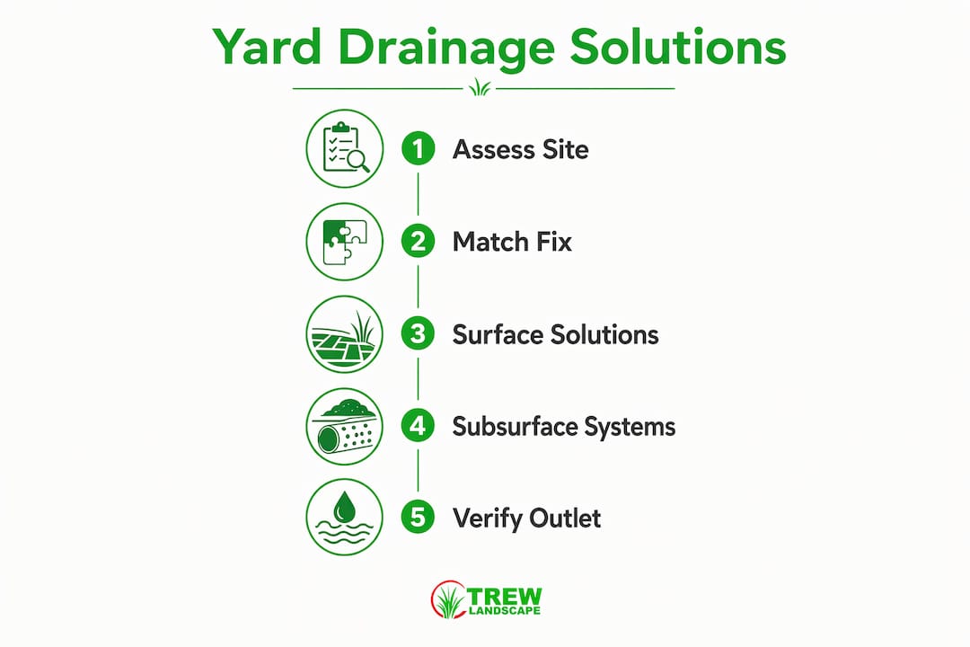 Infographic showing key yard drainage solution steps