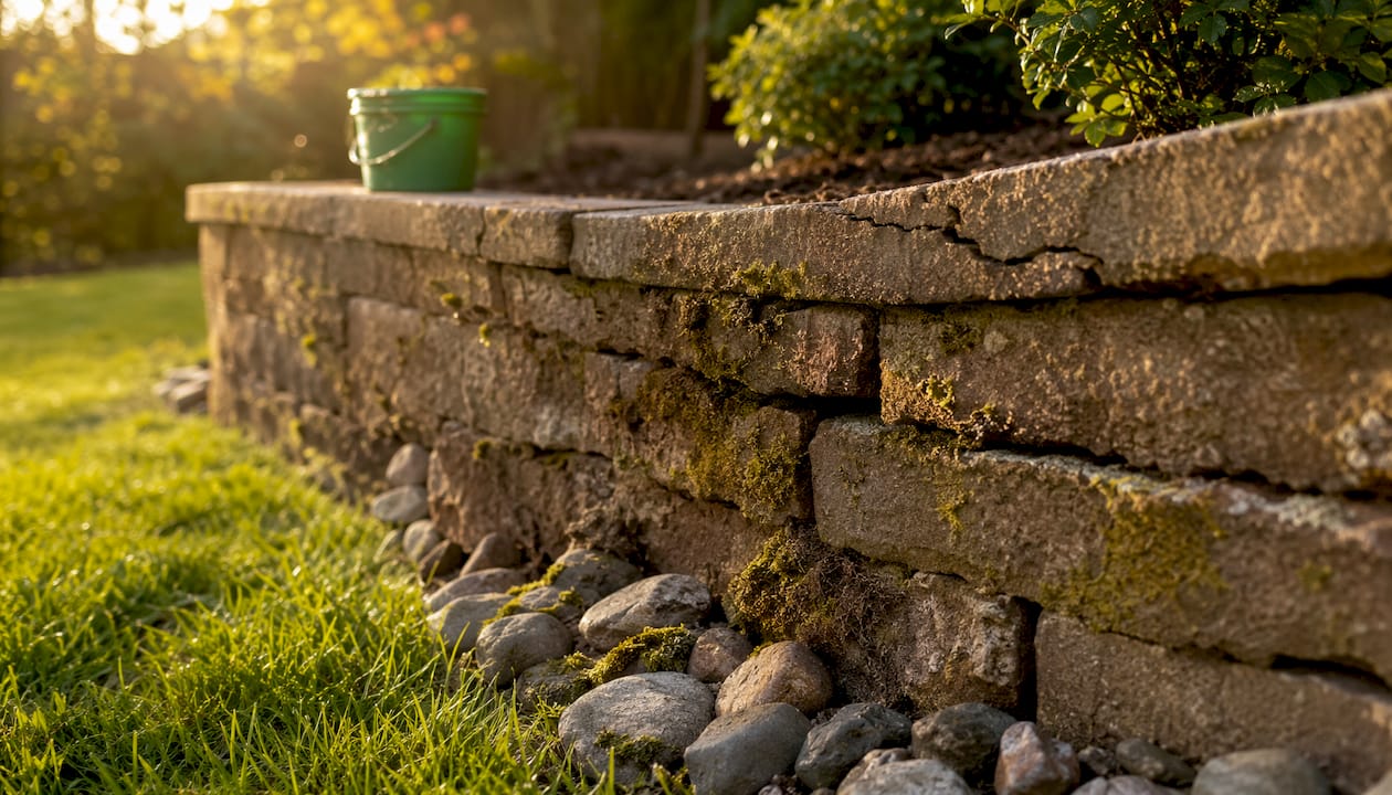 Close-up of retaining wall cracks and bulging soil