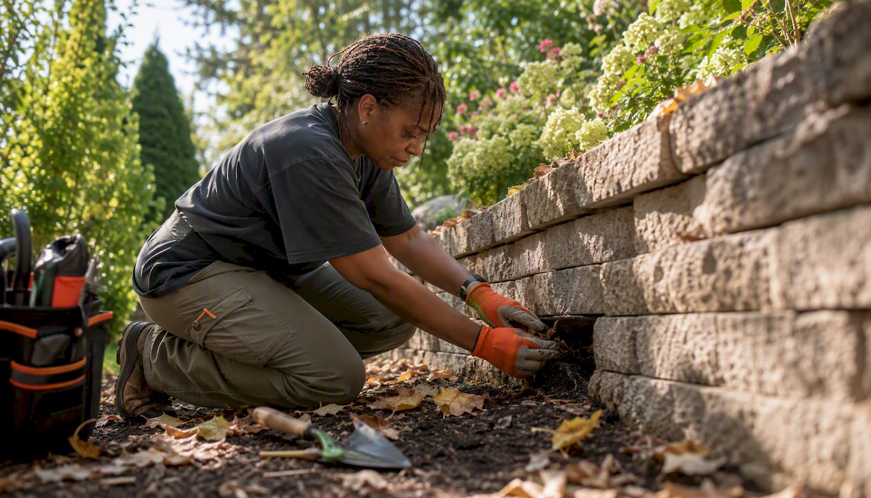 Woman cleaning drainage hole on retaining wall