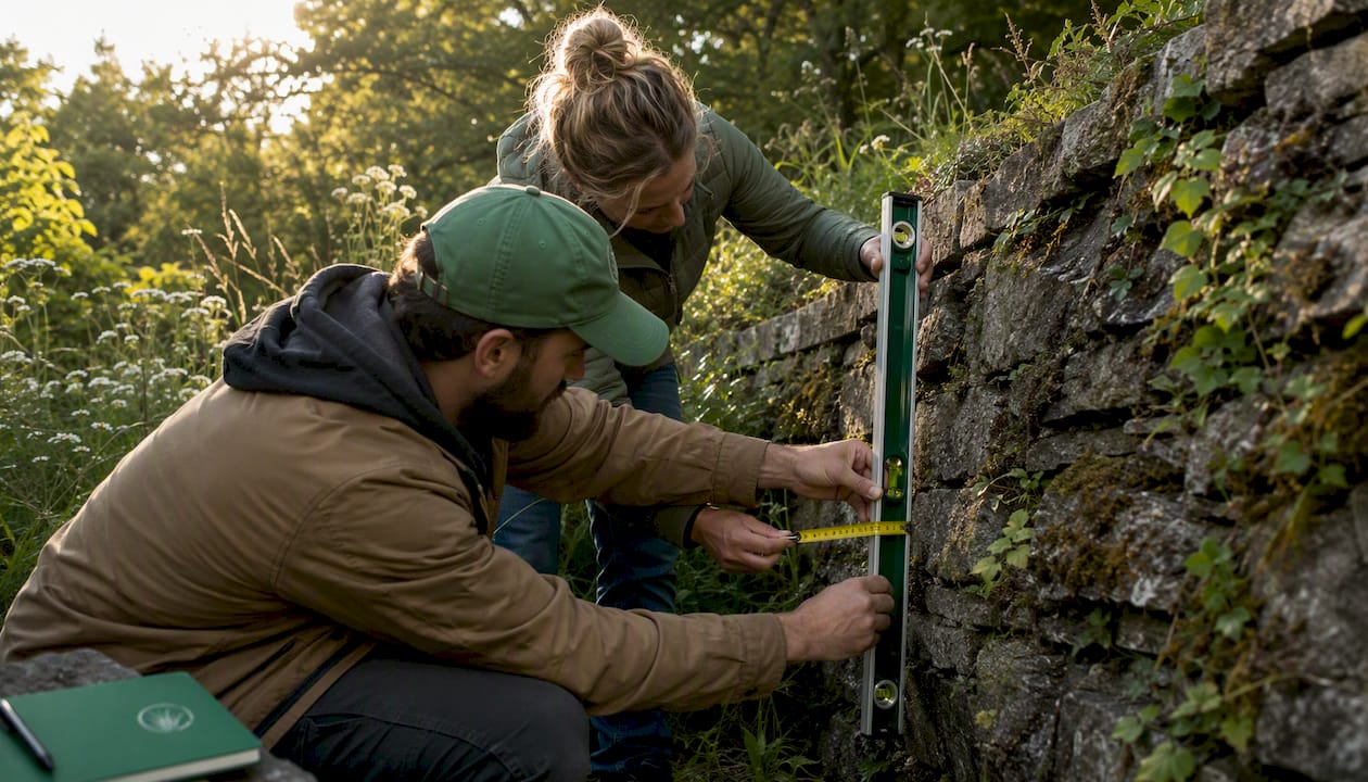 Two homeowners measuring lean on retaining wall