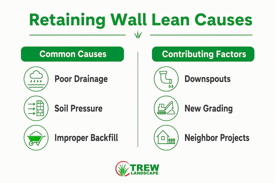 Infographic showing common and contributing causes of retaining wall lean