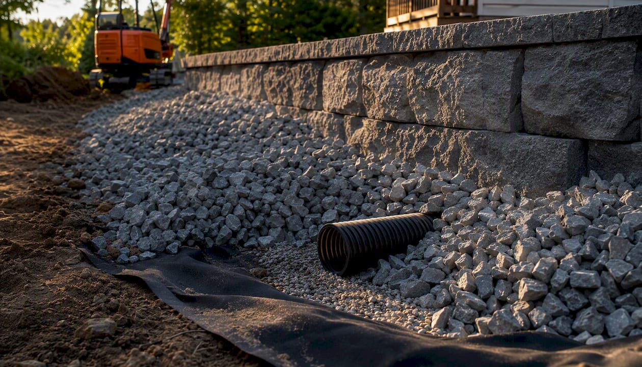 Gravel backfill and perforated pipe behind retaining wall