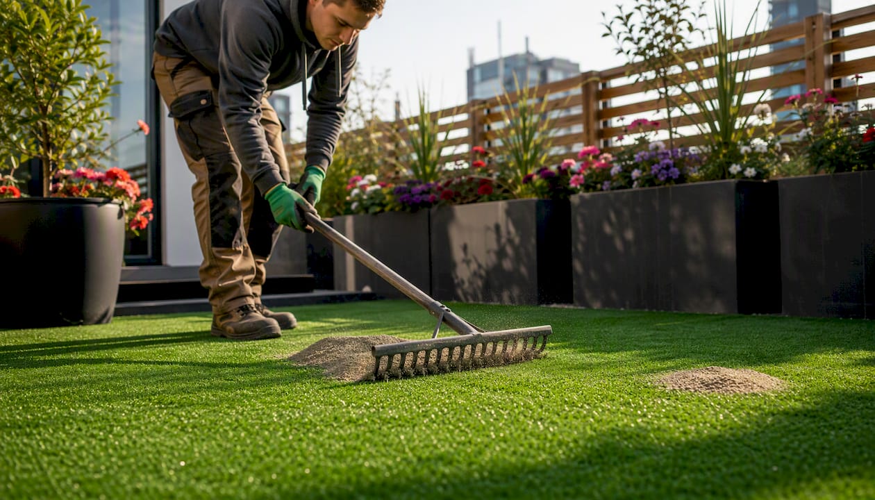 Worker spreading infill on artificial turf