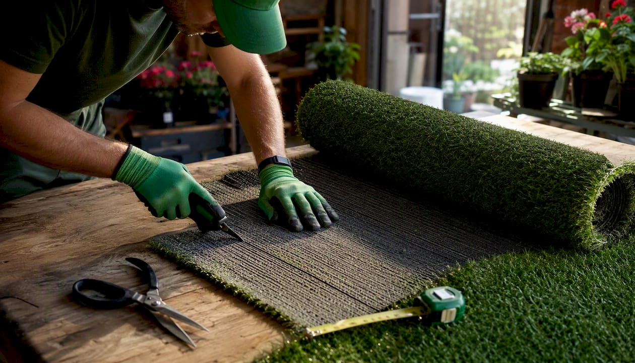 Hands cutting and seaming artificial turf closely