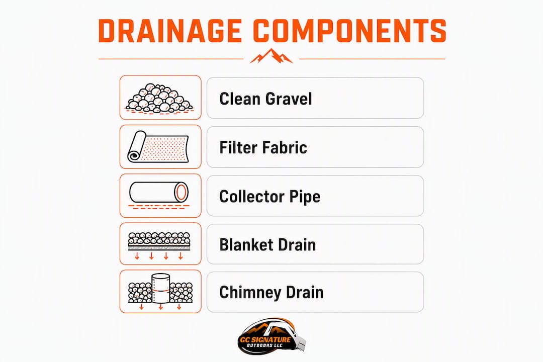 Infographic showing main retaining wall drainage components