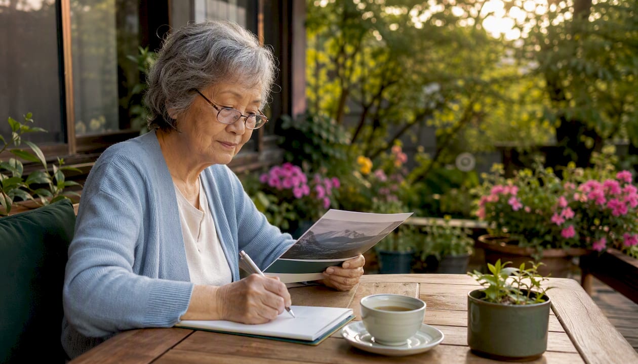 Senior woman reviewing insurance documents at table