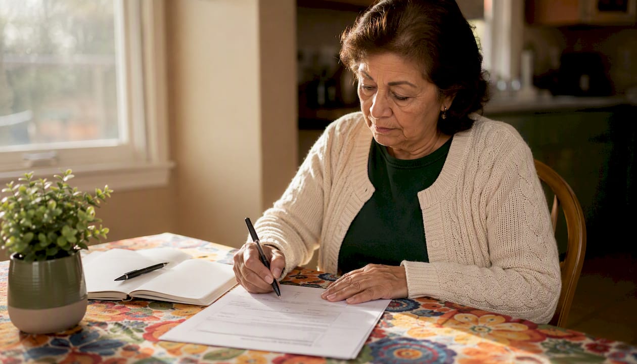 Senior man filling insurance health questionnaire at desk