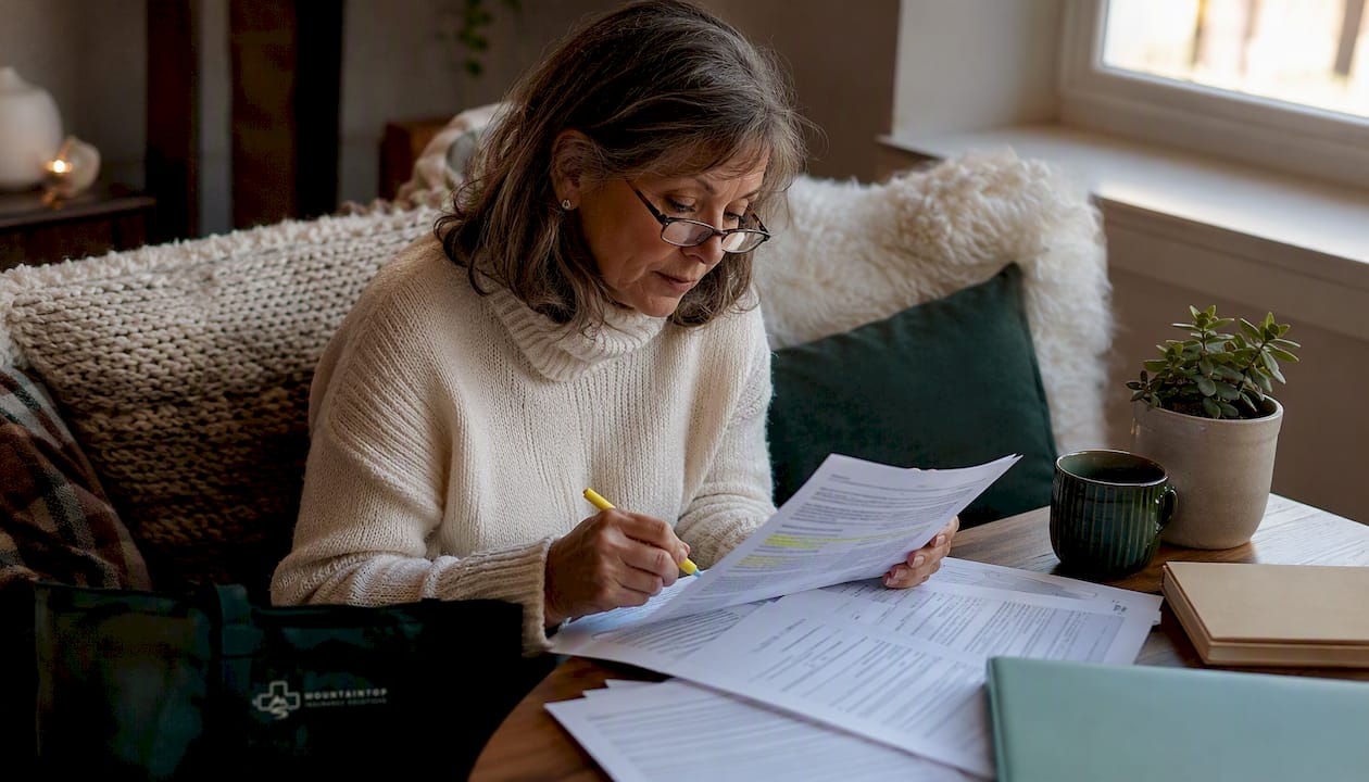 Senior woman reviewing Medicare and COBRA paperwork