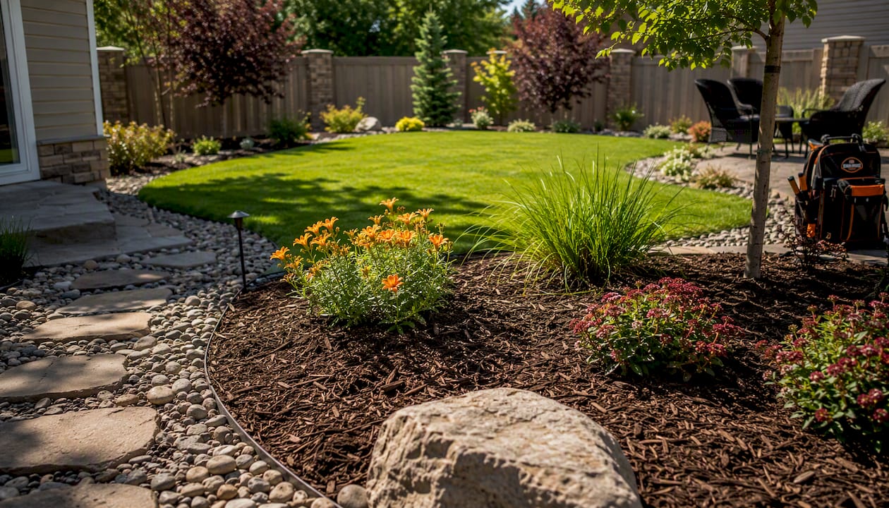 Overhead view of yard with rock and mulch zones