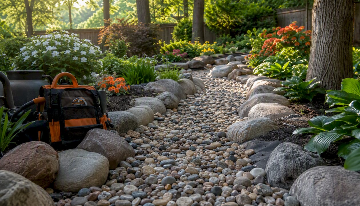 Rock pathway in landscaped garden