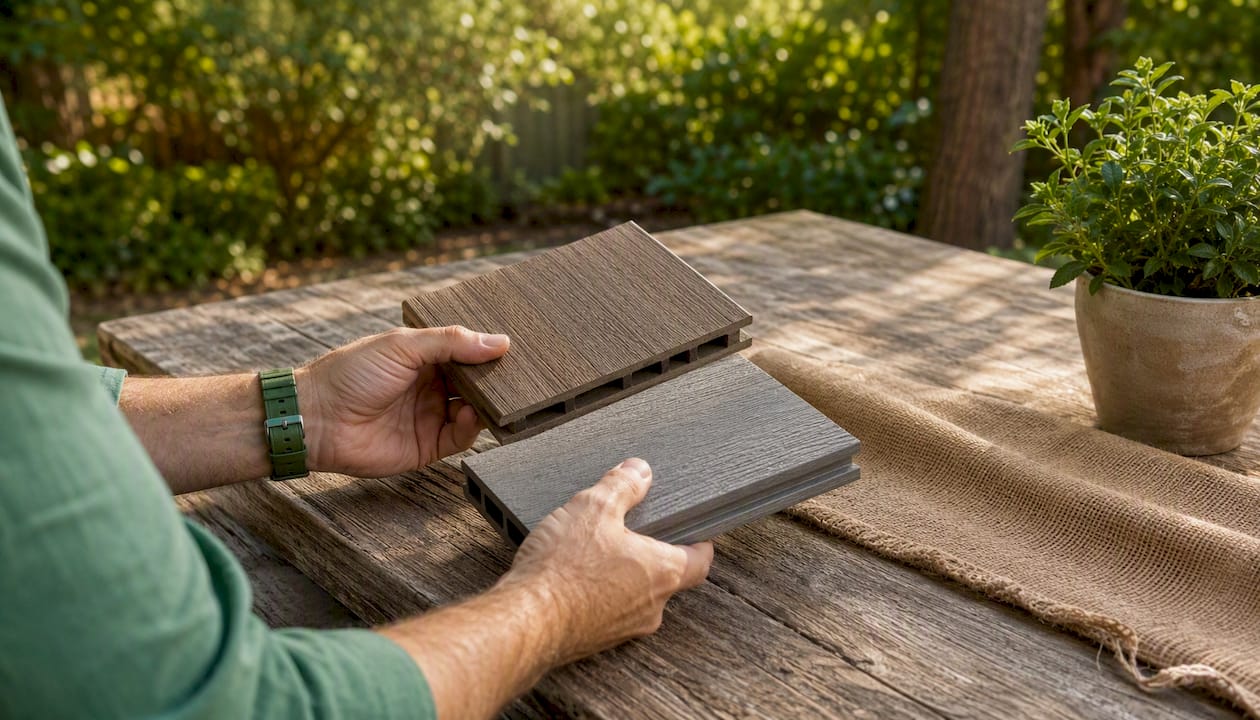 Hands comparing Trex and TimberTech deck boards