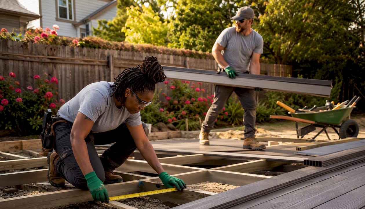 Deck installers working on backyard deck outdoors