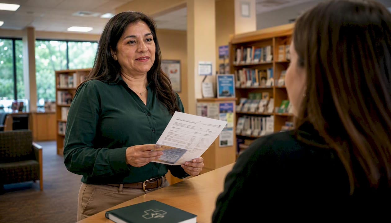 Woman submitting SSA-44 appeal form at Social Security office