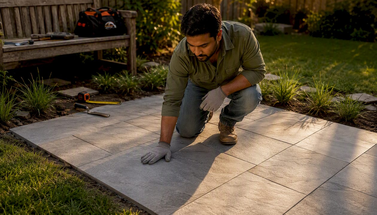 Man inspecting diagonal pavers on small patio flooring