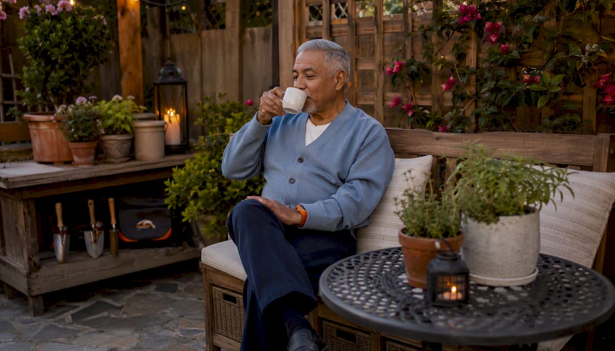 Elderly man relaxing on built-in storage bench in small patio