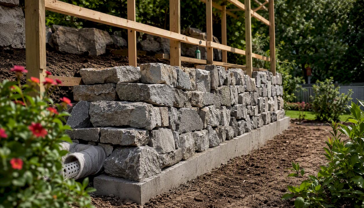 Close-up of stone column and perforated pipe drainage