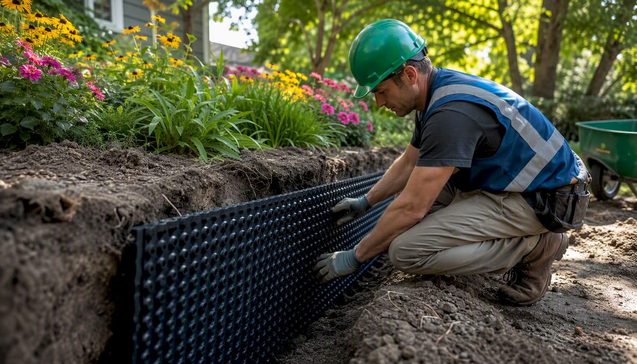 Landscaper fitting geocomposite drainage panel behind wall