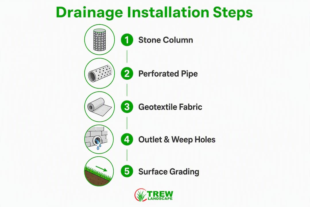 Infographic showing retaining wall drainage installation steps