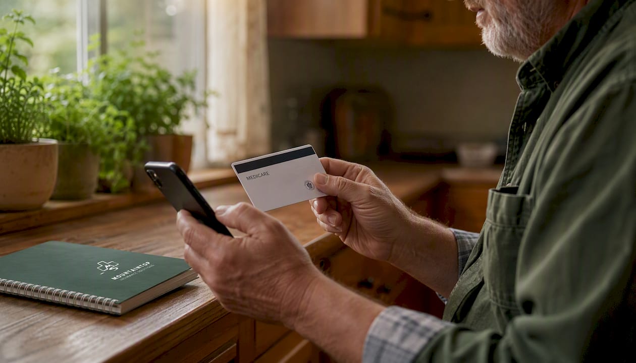 Hands holding Medicare card and phone making call