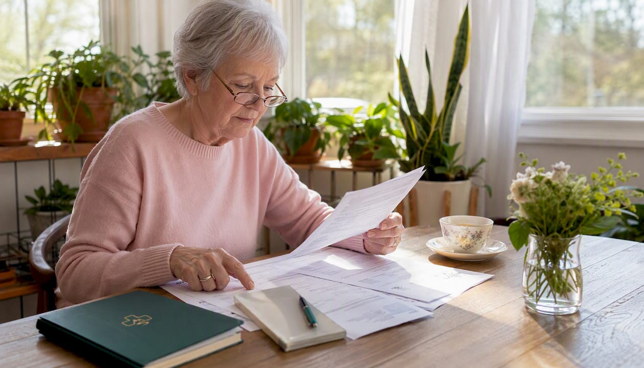 Senior woman reviewing Medicare enrollment documents