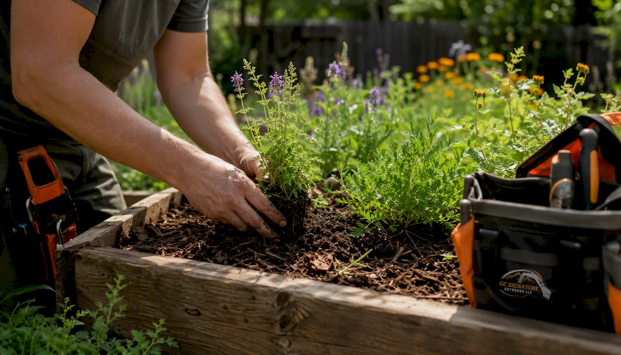Hands planting native low-water plants