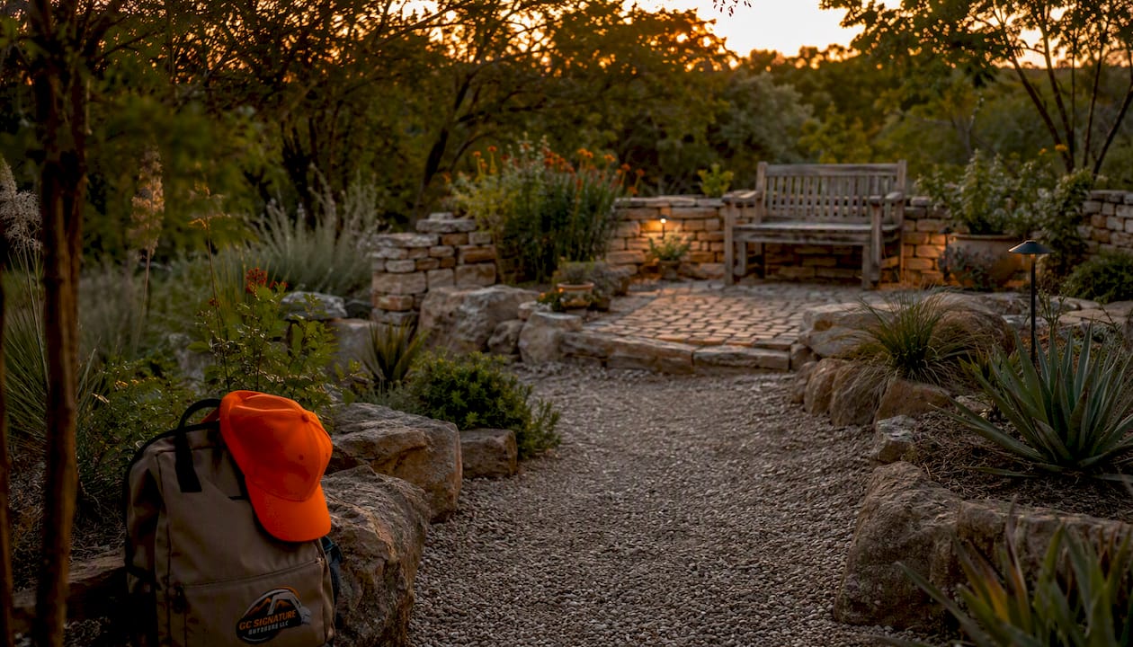 Backyard gravel path and paver patio area