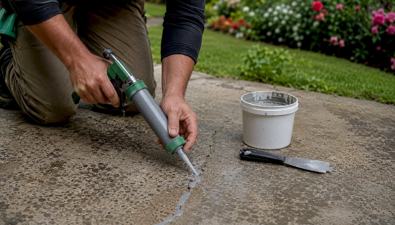Hands filling cracks on concrete patio with caulk