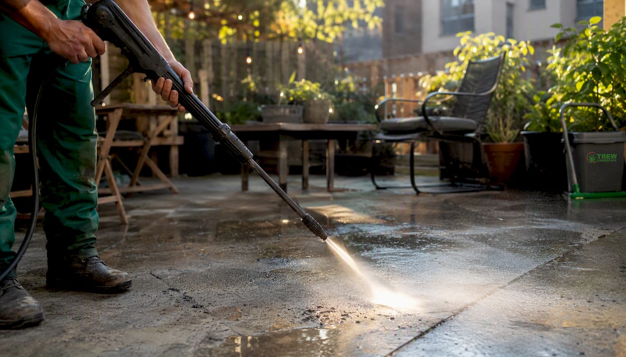 Pressure washer cleaning concrete patio surface